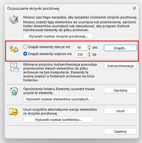 outlook oczyszczanie skrzynki pocztowej
