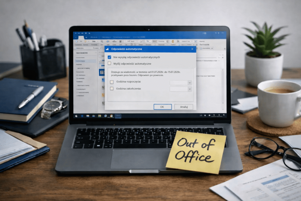 Laptop z otwartym oknem „Odpowiedzi automatyczne” w Outlooku oraz żółtą karteczką „Out of Office” na biurku