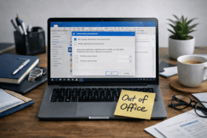 Laptop z otwartym oknem „Odpowiedzi automatyczne” w Outlooku oraz żółtą karteczką „Out of Office” na biurku