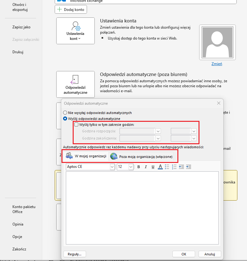 Zrzut ekranu okna „Odpowiedzi automatyczne” w Outlook z opcjami wysyłania wiadomości poza biurem